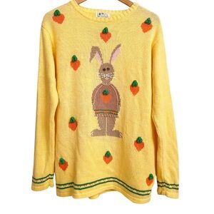 Vintage Quacker Factory Easter Bunny Rabbit Carrot Yellow Orange Sweater Medium